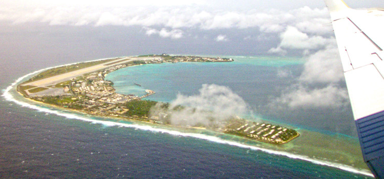 An aerial view of Kwajalein Island, headquarters of the Reagan Test Site, where Army environmental studies show fish is dangerously contaminated. Kwaj fish pose cancer risk