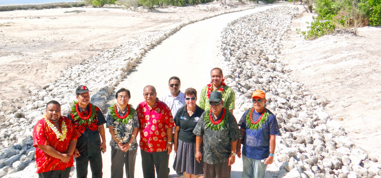 A European Union-funded causeway at Woja, Ailinglaplap was a highlight of a special visit to the atoll led by President Loeak this week. Pictured, from left: OEPPC General Manager Lowell Alik, Public Works Minister Hiroshi Yamamura, Japan Ambassador Hideyuki Mitsuoka, President Loeak, Ywao Elanso, Regional Program Director, Global Climate Change Alliance (GCCA) Dr. Gillian Chamber, Jimata Kabua, NorthRep Office and SPC Representative Rupeni Mario and Internal Affairs Minister David Kabua. Photo: Hilary Hosia. VIPs check Woja causeway