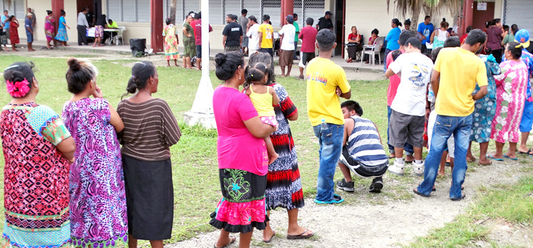 Marshall Islands voters went to the polls Monday to elect national and local leaders. Pictured: Rita, Majuro voters lined up at Rita Elementary School to cast their votes. Rita voters gave an overwhelming vote to top-vote getter candidate Sherwood Tibon. Photo: Isaac Marty. Youth push for Nitijela