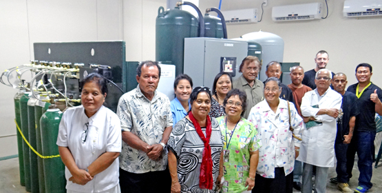 Ministry of Health employees pose with the new oxygen generator. Photo: Hilary Hosia Thumbs up for new oxygen generator