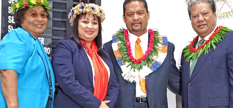 At the January 11, 2016 Nitijela inauguration for the President and Cabinet, from left: Mary Note, First Lady Terry Nemra, President Casten Nemra, and Foreign Minister Kessai Note. Photo: Hilary Hosia. Nitijela power struggle
