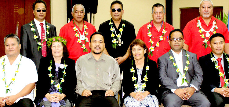 New Cabinet lineup: Seated, from left: Wilbur Heine (Education), Amenta Matthew (Internal Affairs), Speaker Kenneth Kedi, President Dr. Hilda Heine, Mattlan Zackhras (Minister in Assistance), Kalani Kaneko (Health). Standing, from left: Alfred Alfred, Jr. (R&D), Brenson Wase (Finance), Thomas Heine (Justice), John Silk (Foreign Affairs), and Tony Muller (Public Works). Not pictured: Mike Halferty (T&C). Photo: Denise deBrum Reiher. Heine’s Cabinet sworn in