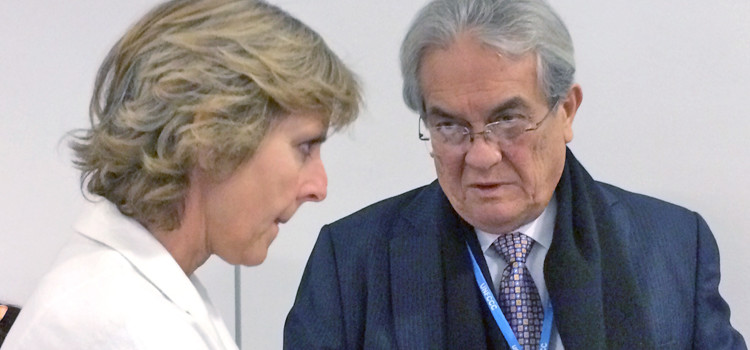 Former Foreign Minister Tony deBrum in conversation with European Union Climate Ambassador Connie Hedegaard in Warsaw, Poland. Tony nominated for Nobel award