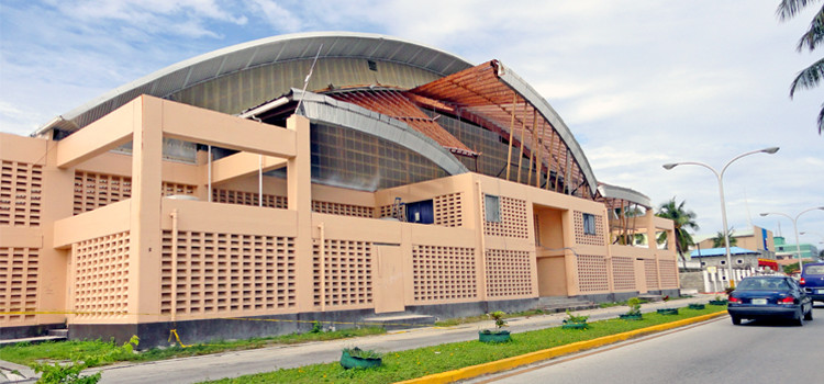 The national ECC gymnasium in Majuro has been sidelined since June, 2011, when a portion of its roof collapsed from termite damage, forcing closure of the facility to use. This file photo shows the collapsed roof section prior to it being removed by Public Works. ECC renovation moves forward