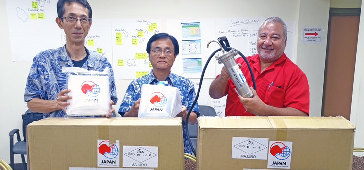 Public Works Minister Tony Muller (far right) joined Japan Ambassador Hideyuki Mituoka (middle) and JICA Acting Resident Representative Hironobu Esaki during the desalination equipment handover at the Chief Secretary’s new office in the former Ann’s Palace in Delap last Friday. Photo: Hilary Hosia. Japanese gift of water