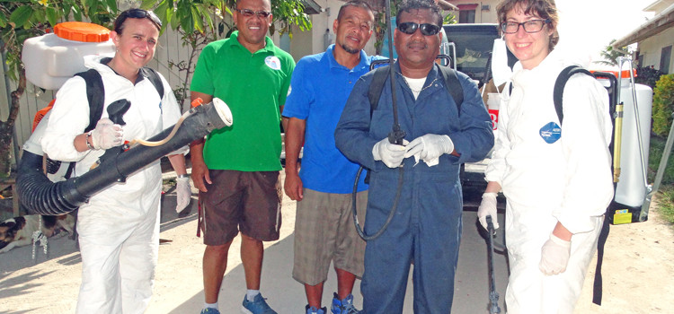 A spray team was busy last week around Majuro, from left: Vector Disease Control International DDr. Broox Boze, EPA’s Aaron Lang, Ministry of Health’s Bobson Solomon and Jackson Jacklick, and Centers for Disease Control biologist Ashley Gramza. Photo Isaac Marty. Zika declaration lapses