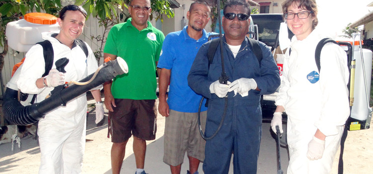 US and international experts joined with Ministry of Health and RMI EPA to conduct mosquito spraying around Majuro Atoll in April as part of Zika eradication efforts. From left: Vector Disease Control International Dr. Broox Boze, RMI EPA Officer Aaron Lang, Ministry of Health team member Bobson Solomon, MOH team leader Jackson Jacklick, and Biologist Ashley Gramza. Zika outbreak ends