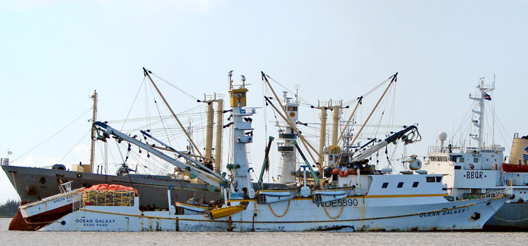 Crew from several United States-flagged purse seiners have been targeted for assaults and robberies the past two years, including one earlier this month. Pictured: The FV Ocean Galaxy, one of a fleet of US-flagged vessels, tied up to a carrier vessel for transshipment in Majuro lagoon. Photo: Karen Earnshaw. Tuna men file complaint