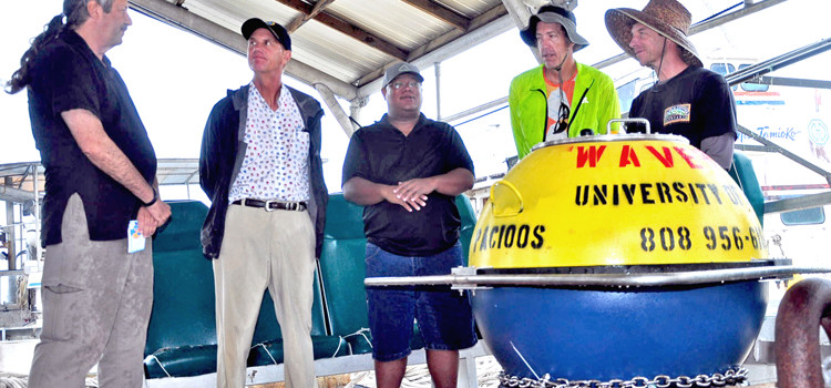 College of the Marshall Islands Vice President Don Hess, US Ambassador Tom Armbruster, RMI Chief Meteorologist Reggie White, and PacIOOS’ Dan Fitzgerald and Kimball Millikan gathered just prior to boarding a boat to re-launch the wave buoy. Wave buoy renewed