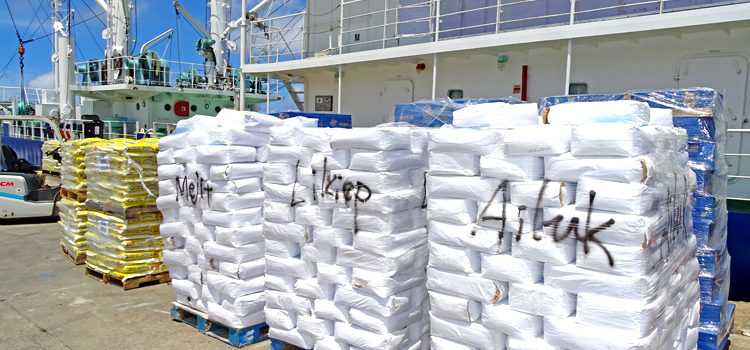 The MV Kwajalein was being loaded earlier this week with thousands of pounds of drought relief food for moderately to severely affected islands. Photo: Hilary Hosia. Food delivered to dry islands