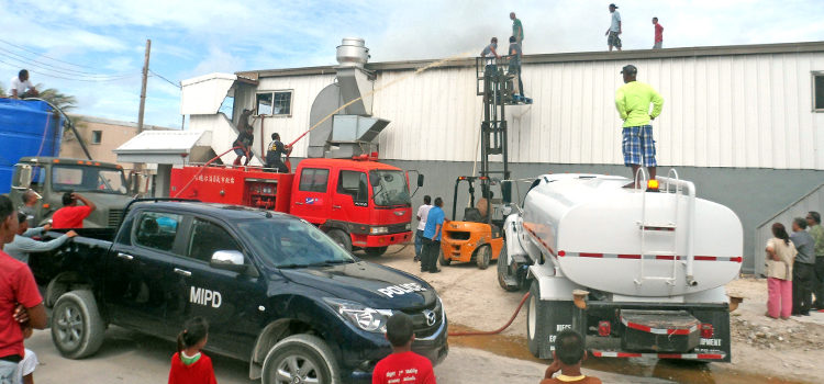 A big fire broke out Monday on the second floor of Ebeye’s Triple J store and apartment complex. There were no injuries and quick action by local authorities extinguished the fire after about an hour. Photo: Carl Hacker. Ebeye fire displaces medical staff