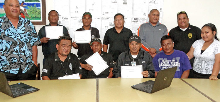 Pictured from left: Acting Mayor Randy Jack, James Jorimle, Leojen deBrum, Berment Lani, Huston John, Alele Director Melvin Majmeto, Junior Antolok, Nang Jack, Tarlos Larron, Allen Alex, and Angeline deBrum. Photo: Isaac Marty. MALGov police upgrade skills