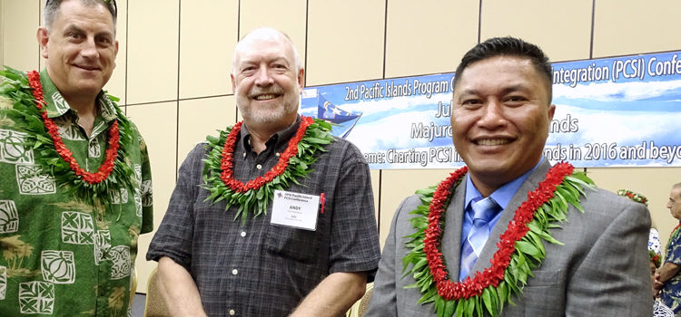 At the opening ceremony for the second Pacific Islands Program Collaboration and Service Integration (PCSI) Conference were, from left: Dr. Richard Brostrom, CDC Pacific Regional TB Medical Officer, Andy Andrew, Project Officer at CDC’s Division of TB Elimination, and RMI Minister of Health Kalani Kaneko. Photo: Hilary Hosia. Majuro hosts big health meet