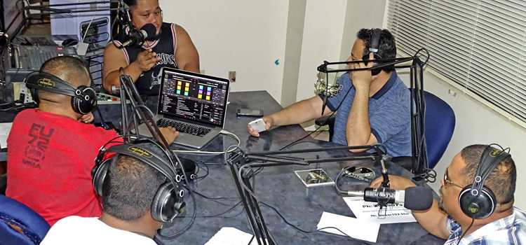 The Power 103.5FM team hard at play. Above, clockwise from guy in white shirt: Income Tax, DJ Taco, Yastamon (Yasta Bolkeim), MacGyver (Daniel Kramer), and Brother C (Carlton Abon). Photos: Hilary Hosia Powering up great sounds