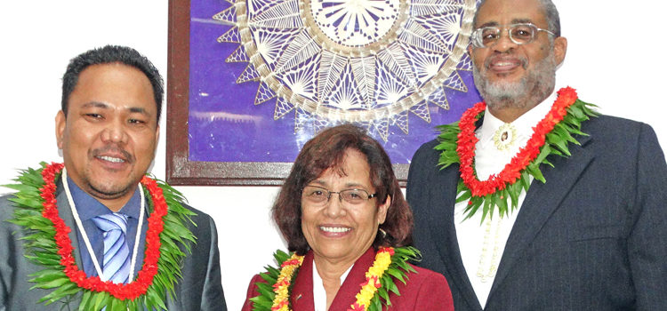 At the conclusion of the August 1 Nitijela opening ceremony, Speaker Kenneth Kedi, President Hilda Heine and Chief Justice Carl Ingram joined together. Photo: Isaac Marty. Hilda pushes RMI action agenda