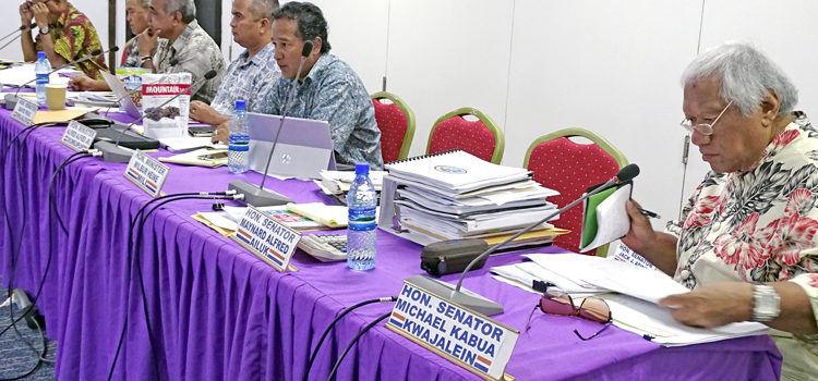 Nitijela’s Appropriations Committee held hearings over the past week on the proposed $201.5 million FY2017 national budget, with the Ministry of Health testifying Tuesday. The committee members, from right: Senator Mike Kabua, Minister Alfred Alfred, Jr., Chairman Senator David Paul, Minister Brenson Wase, Senator David Kabua, and Senator Dennis Momotaro. Photo: Hilary Hosia. Senators grill Health officials