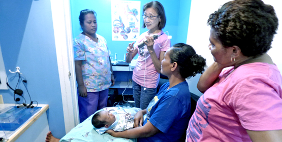 A newborn baby on Ebeye referred from the inpatient screening receives an auditory brainstem response evaluation to determine hearing levels in each ear. Ebeye’s new hearing services