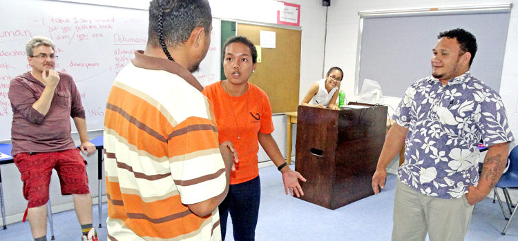 Young people participating in the drama-writing workshop with Honolulu Theater for Youth’s Dan Kelin (left) and Jo-Jikum’s Kathy Jetnil-Kijiner (at back). Photo: Isaac Marty. Youth unleash their artistic skills