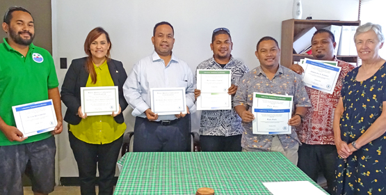 EPA General Manager Moriana Phillips and Acting President Mattlan Zackhras (second and third from left, respectively) were on hand to recognize RMI EPA laboratory staff who received certification from the US EPA for water quality testing. Photo: Hilary Hosia EPA lab gets US certification