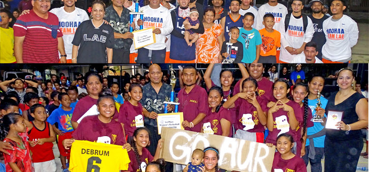 BOMI 16th Ralik Ratak Shootout basketball tournament champions Lae men (top) and Aur women celebrated their victories Tuesday night at the SSG Solomon Sam Memorial Court at the College of the Marshall Islands. Photos: Hilary Hosia, Giff Johnson. BOMI’s 16th Ralik Ratak shootout