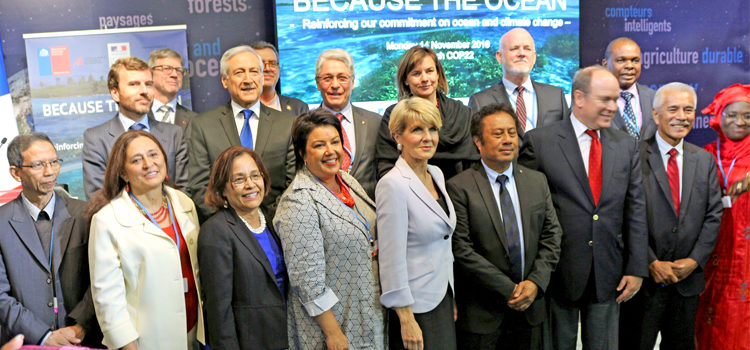 President Hilda Heine (second from left, front) joined with many leaders, including Palau President Tommy Remengesau, Jr. (fifth from left) in signing an ocean protection declaration in Morocco. RMI to go 100% renewable