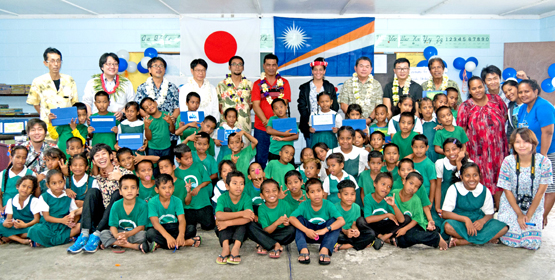 Business representatives joined with Public School System officials and students at Rairok Elementary School for presentation of the new tablets. Photo: Isaac Marty. Schools like new math tablet