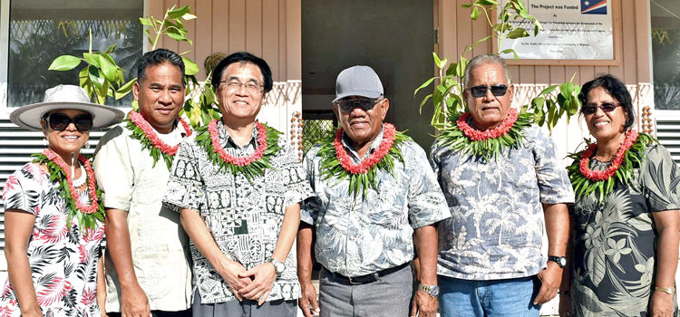 At the celebration of the new classrooms at Mejrirok, Jaluit (from left): Senator Daisy Momotaro-Alik, Jaluit Mayor Arlington Robert, Japan Ambassador Hideyuki Mitsuoka, Council of Iroij Chairman Kotak Loeak, Simon Heine and Ebon Mayor Ione deBrum. Japan funds Jaluit school