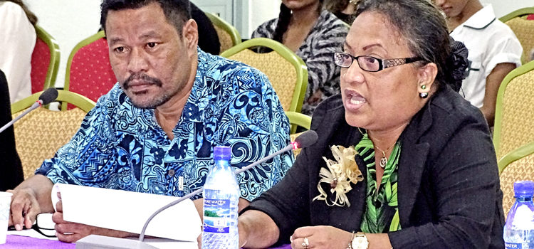 RMI Consul General Carmen Chong Gum testifies to the Nitijela Public Accounts Committee on November 7, as Ministry of Foreign Affairs staff Carthney Laukon listens. Photo: Hilary Hosia. PAC audit hearings heat up