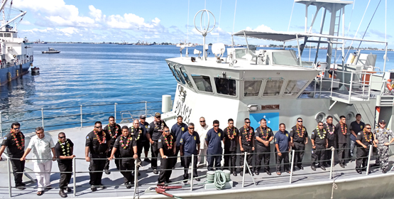 The crew of the FSS Micronesia patrol vessel with RMI Sea Patrol and MIMRA officials during a brief visit to Majuro while on patrol in RMI waters last month. Photo: Hilary Hosia. FSM helps patrol RMI waters