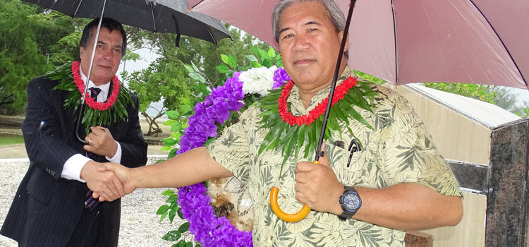 Acting President John Silk (left) joined with Jiba Kabua in speaking at a ceremony at late first President Amata Kabua’s grave to mark the President’s Day holiday. Photo: Hilary Hosia. Honoring Amata on President’s Day