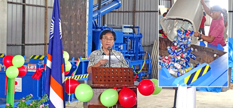 President Hilda Heine joined other VIPs at the MAWC handover ceremony. Here, Japan Ambassador Hideyuki Mitsuoka spoke on the recycling machines role complimenting the ban on plastic and styrofoam. Right, a MAWC staffer pours cans into the new compressor. MAWC thrilled with compressor