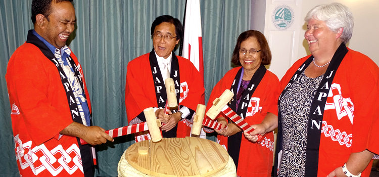 Minister Mattlan Zackhras, Japan Ambassador Hideyuki Mitsuoka, President Hilda Heine, and Deputy Chief of Mission Sarah Nelson were in celebration mood as they opened the sake during the Emperor’s birthday party at Marshall Islands Resort. Photo: Hilary Hosia RMI celebrates Japan Emperor’s birthday