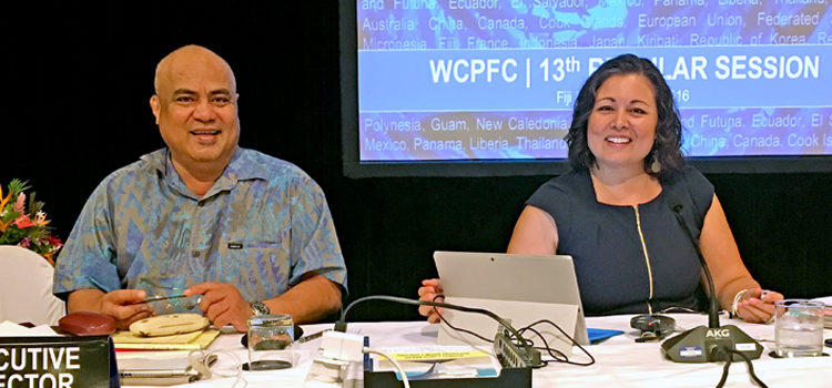 Western and Central Pacific Fisheries Commission Chairperson Rhea Moss-Christian, right, was elected for a second two-year term as chair of the regional fishery management organization. She is pictured here with Feleti Teo, Executive Director of the WCPFC, during last week’s annual meeting in Fiji. Photo: Giff Johnson. Rhea, Berry get WCPFC nod