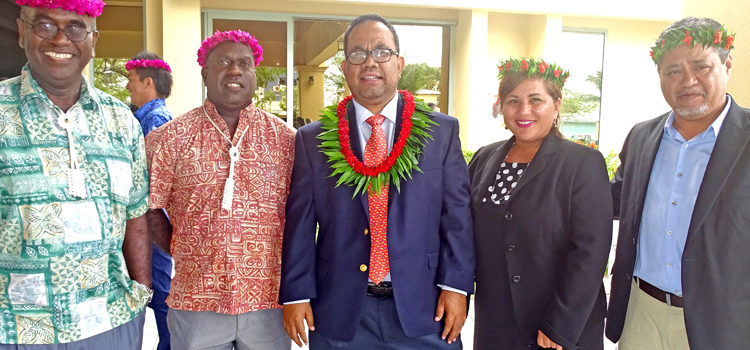 President Hilda Heine in her state of the nation address last week at Nitijela recognized former PNA CEO Dr. Transform Aqorau (left) and incoming CEO Ludwig Kumoru (second from left). They are pictured here with Minister Mattlan Zackhras, his wife Angela, and MIMRA Director Glen Joseph after the formal opening of the Nitijela session. Photo: Hilary Hosia. Sustainable tuna tonnage to double