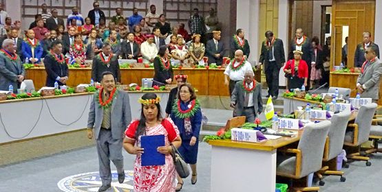 Speaker Kenneth Kedi, left entering Nitijela with President Hilda Heine at the January 3 opening, is having legislation drafted to revamp the retirement fund law. Photo: Hilary Hosia. MISSA changes to be delayed