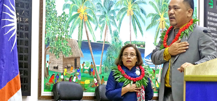 President Hilda Heine and Speaker Kenneth Kedi sing the national anthem during Tuesday’s opening ceremony at Nitijela. Photo: Hilary Hosia. Hilda: We’re moving forward