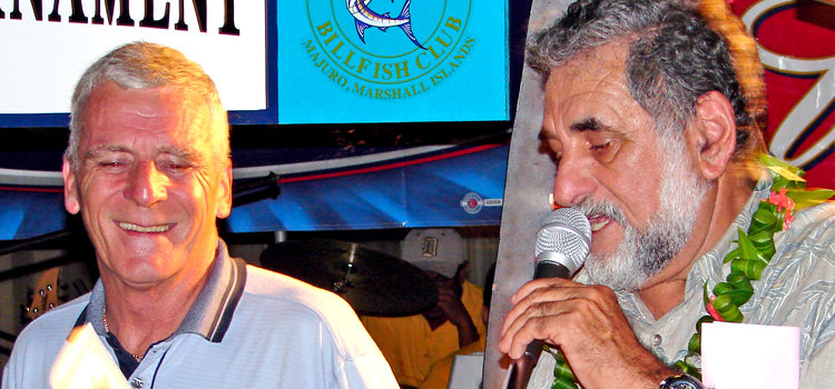 One of the Marshalls Billfish Club’s most active members, Billy Roberts (left) was a co-founder of the All-Micronesia Fishing Tournament that has brought international teams to Majuro annually to compete since the early 1990s. He is pictured here with Kirt Pinho. The duo were a potent emcee tag-team for the 2006 All-Mike Tournament banquet, assuring non-stop laughter from the audience. Fondly remembering Billy Roberts
