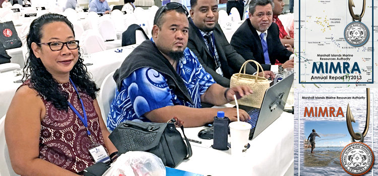 Marshall Islands Marine Resource Authority’s management team at the recent Western and Central Pacific Fisheries Commission annual meeting, from left: Chief Fisheries Officer Berry Muller, Deputy Director Samuel Lanwi, Jr., Legal Advisor Laurence Edwards, II, and Director Glen Joseph. Inset: Covers from two recent MIMRA annual reports that have been praised by a regional report on fisheries. Photo: Giff Johnson. MIMRA praised as model in region