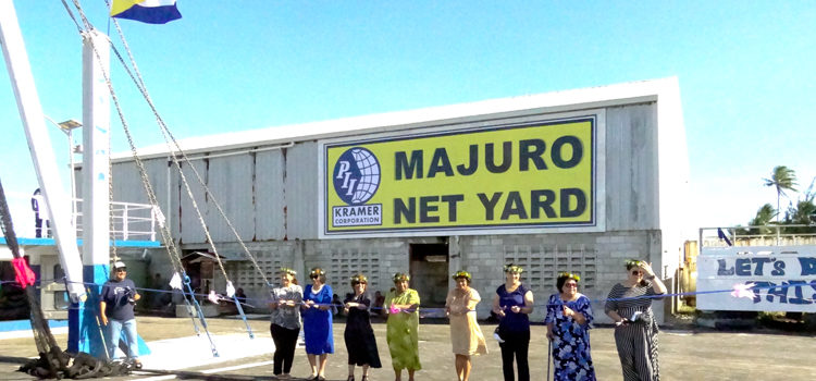 Cutting the ribbon at the official opening Friday of the new net repair yard were, from left: Lani Kramer, Minister Amenta Matthew, President Hilda Heine, Leroij Luren Loeak Ading, Cathy Kramer, Melissa Kramer, Mercy Kramer, and Michelle Kramer. Photo: Giff Johnson. PII adds to port’s viability