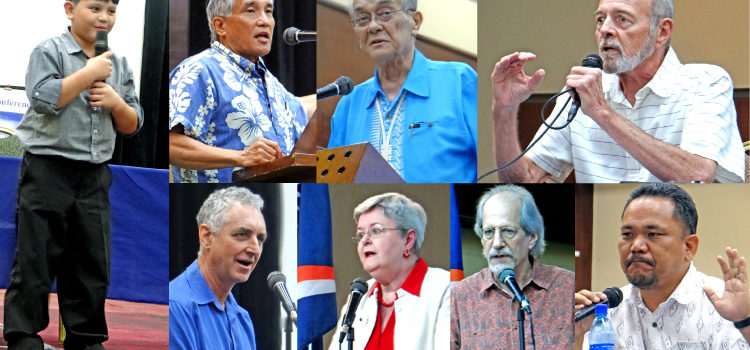 Clockwise from left are Nuclear Legacy Conference speakers Tony ‘Ton-Ton’ deBrum Kattil, Dr. Neal Palafox, Tony deBrum, Bill Graham, Kenneth Kedi, Glenn Alcalay, Trudy Peterson, and Emlyn Hughes. Photos: Hilary Hosia. First nuclear legacy conference