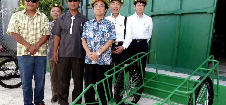 Diplomats and Tobolar officials pose with one of the new locally-made copra carts. Photo: Isaac Marty Tobolar’s new cart factory