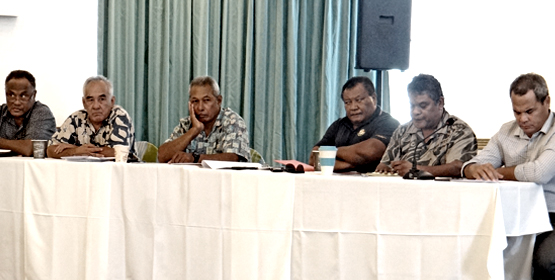 The RMI transportation team faced numerous questions at the RMI Leadership meeting with local government mayors. From left: Drauna Waqasokolala, Stanley Myazoe, Danny Wase, Joe Tiobech, Phil Philippo and Minister Mike Halferty. Photo: Hilary Hosia. Mayor Ota aims for solutions