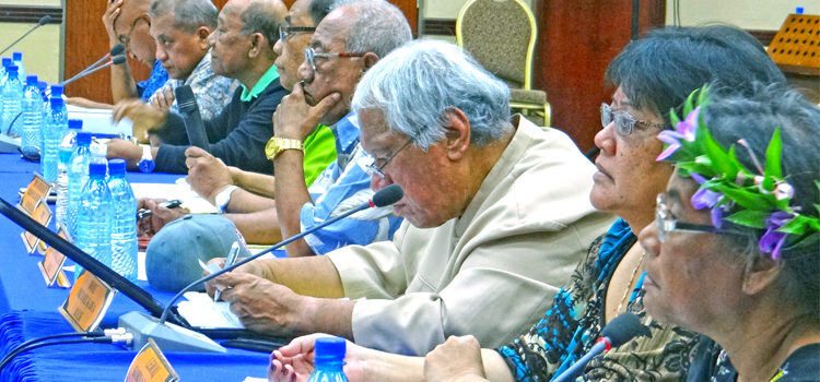 A panel of Constitutional Convention members listens to testimony from the public during a hearing at the International Conference Center last week. Photo: Hilary Hosia. Con-Con funding a big worry