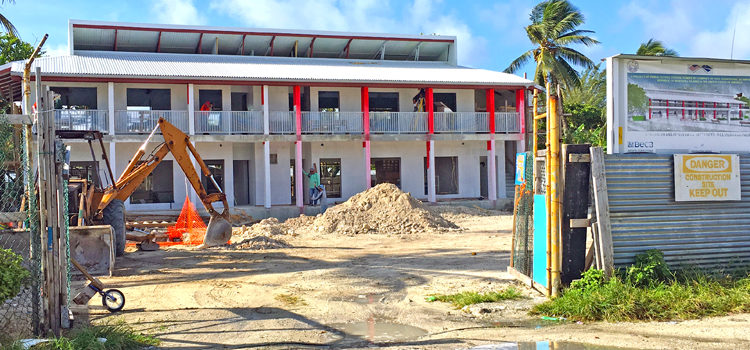 Phase one of North Delap Elementary School is nearing completion (pictured). Phase two, which includes two additional classroom buildings, was awarded recently to Pacific International Inc., which is also working on phase one. Photo: Giff Johnson. Majuro, Ebeye projects move