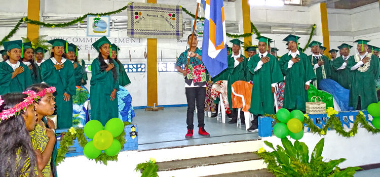 Jaluit High School seniors on stage singing the RMI national anthem at the commencement activities on Tuesday in Jaluit. Jaluit graduation a great success