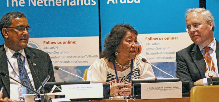 Majuro Senator David Kramer (left) and RMI UN Ambassador Amatlain Kabua during a session at the Oceans Conference at United Nations Headquarters in New York City last week. Photo: Denise deBrum Reiher. WWII ships pose oil threat