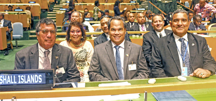 At this week’s High Level Oceans Conference at United Nations Headquarter, Foreign Minister John Silk (left) is leading a Marshall Islands delegation that includes, from left: UN Ambassador Amatlain Kabua, Attorney General Filimon Manoni (partially obscured), T&C Minister Mike Halferty, Senator Sherwood Tibon and Senator David Kramer. Photo: Denise deBrum Reiher. RMI engages at UN Ocean summit