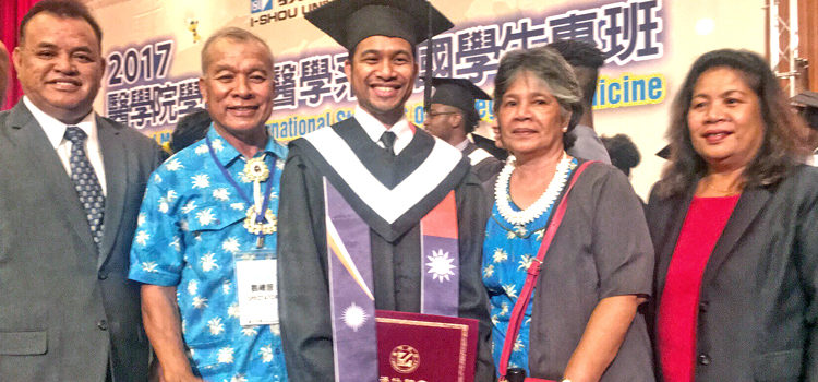 David Alfred, the first Marshallese to graduate with a medical degree from Taiwan, was joined at his June 3 graduation by RMI Ambassador Frederick Muller (left) and his wife Beulah (right), and parents Senator Maynard and Moana Alfred. David makes history for RMI
