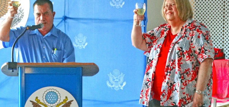 US Ambassador Karen Stewart and Marshall Islands Foreign Minister John Silk toast to the 241st birthday of the United States at the US Embassy’s annual July 4 bash held at Jitak En in Majuro. Photo: Rebecca Lathrop Happy birthday USA