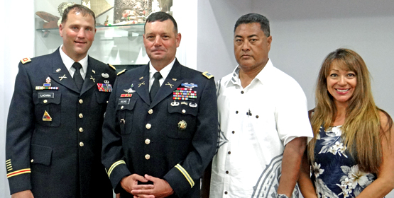 USAG-KA visits in Majuro: Major Dan Lacario, USAG-KA Commander Col. James DeOre, Mike Sakaio and Ursula Labrie. Photo: Hilary Hosia. Marshalls steps up Kwajalein interest